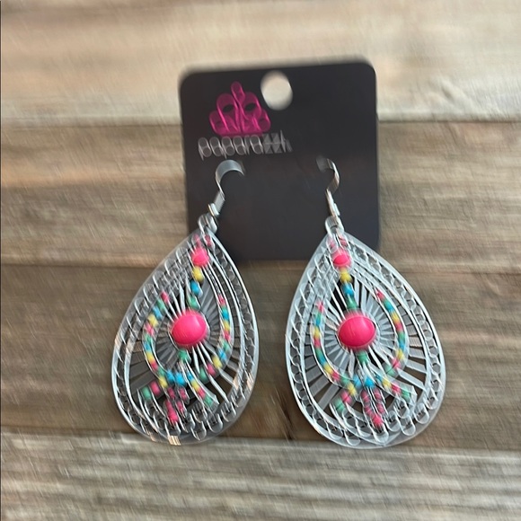 ❄️ Paparazzi | Silver and Pink Teardrop Earrings Boho Shabby Chic - Picture 3 of 10